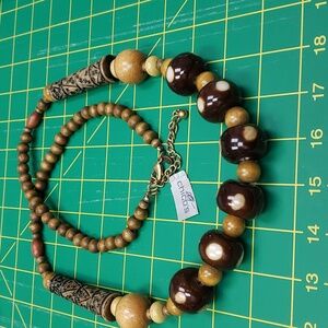 Chicos Beaded Necklace Brown Tan Wooden 36" Boho Tribal Chic 4" Extension NWT